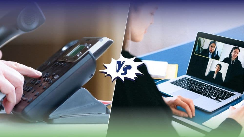 Office desk phone person in a virtual meeting